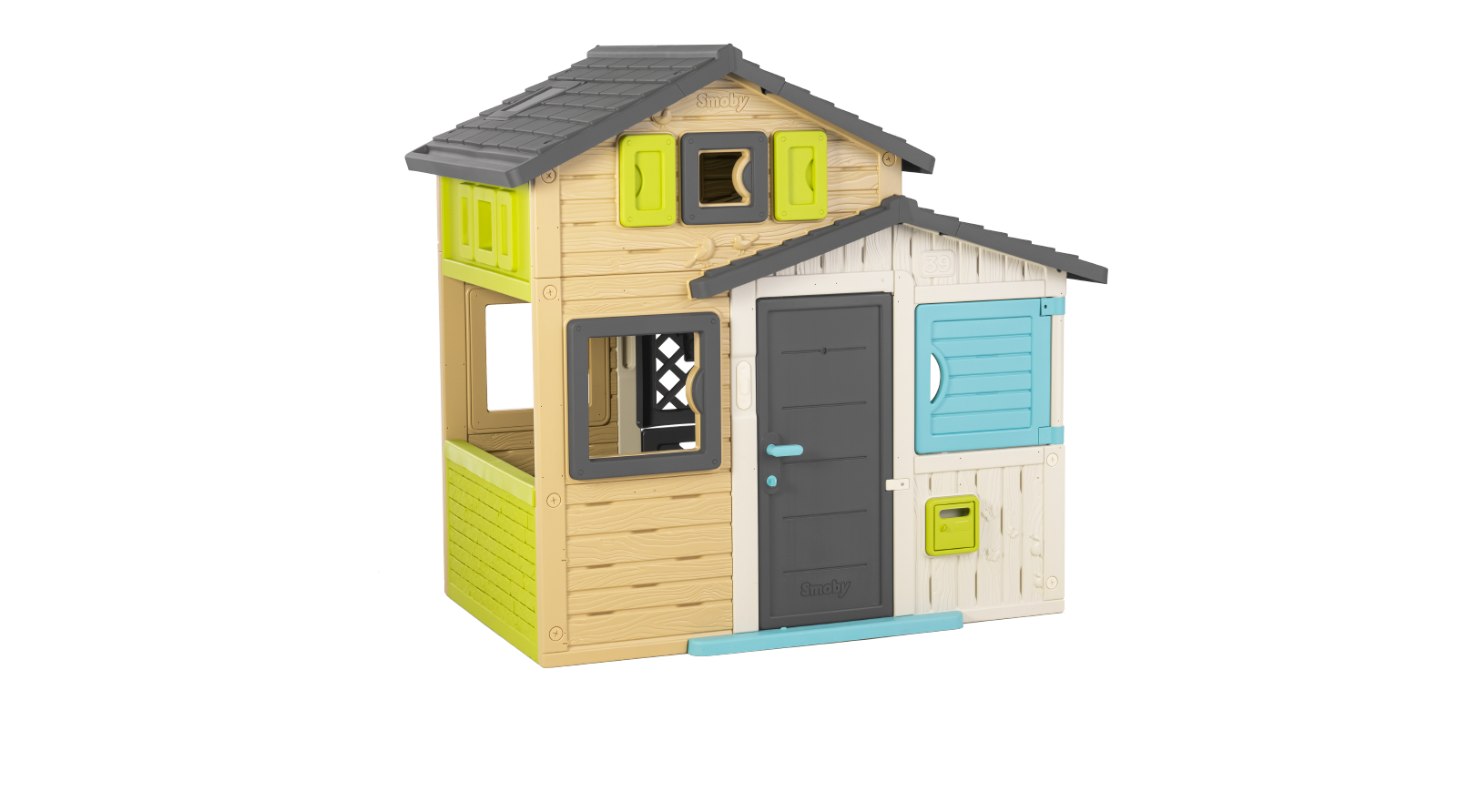 Casa de los Amigos en colores elegantes Friends House Evo Playhouse Smoby Extensible de 2 puertas con llave, 6 ventanas con filtro UV, 162 cm de altura.