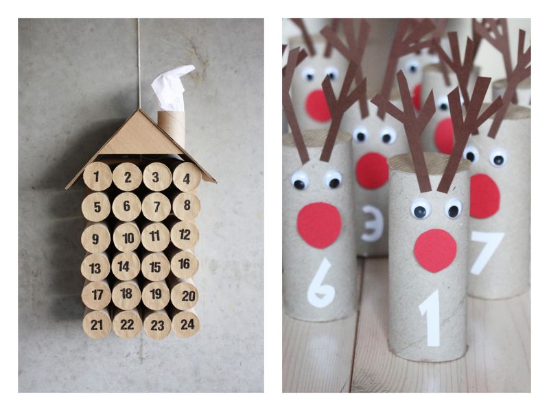 Calendario de Adviento hecho con rollos de papel higiénico